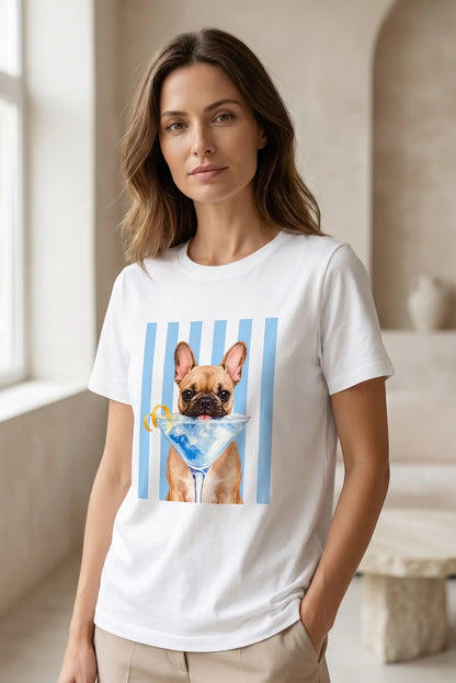 Camiseta Blanca Mujer Estampado Perro con Copa Azul