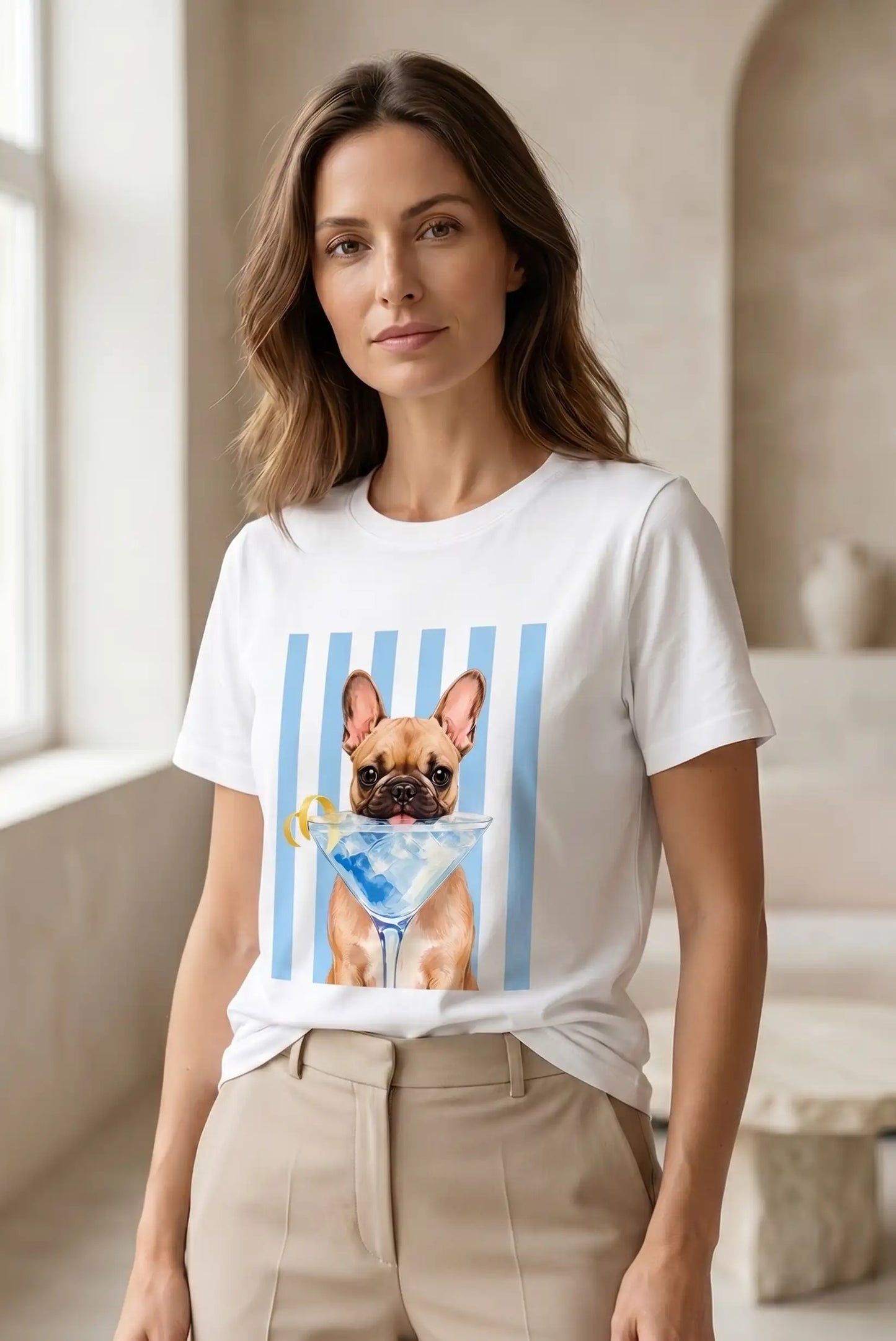 Camiseta Blanca Mujer Estampado Perro con Copa Azul