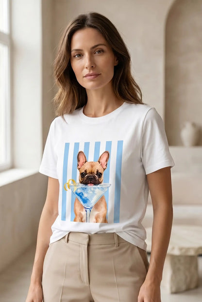 Camiseta Blanca Mujer Estampado Perro con Copa Azul