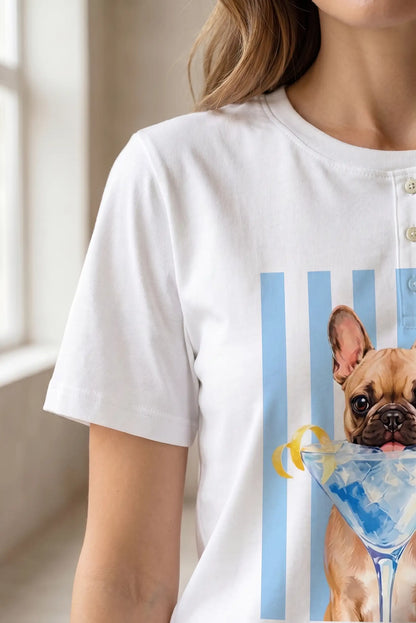 Camiseta Blanca Mujer Estampado Perro con Copa Azul