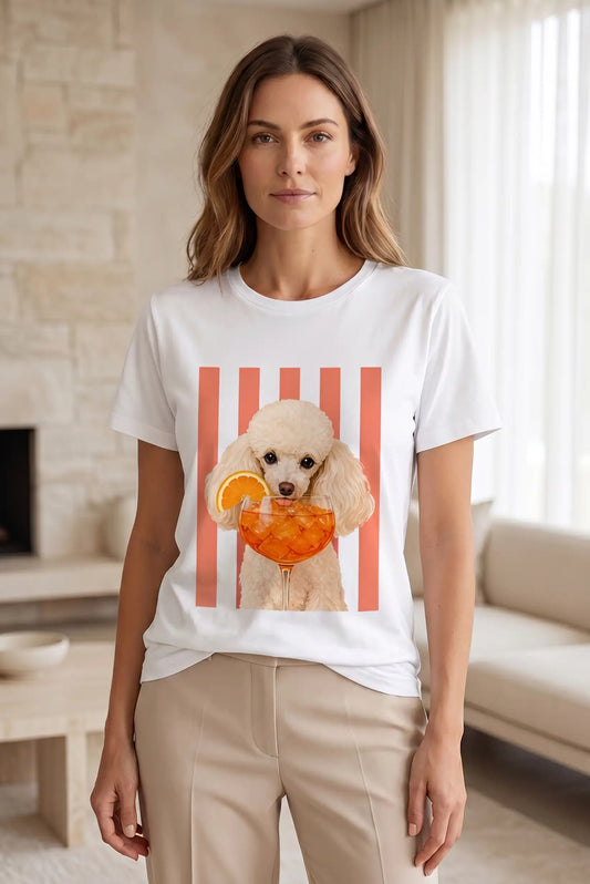 Camiseta Blanca Mujer Estampado Caniche con Cóctel Naranja