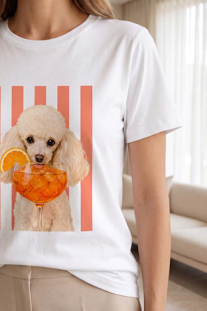 Camiseta Blanca Mujer Estampado Caniche con Cóctel Naranja