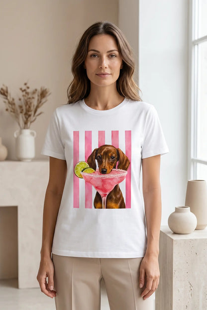 Camiseta Blanca Mujer Estampado Teckel con Cóctel Rosa