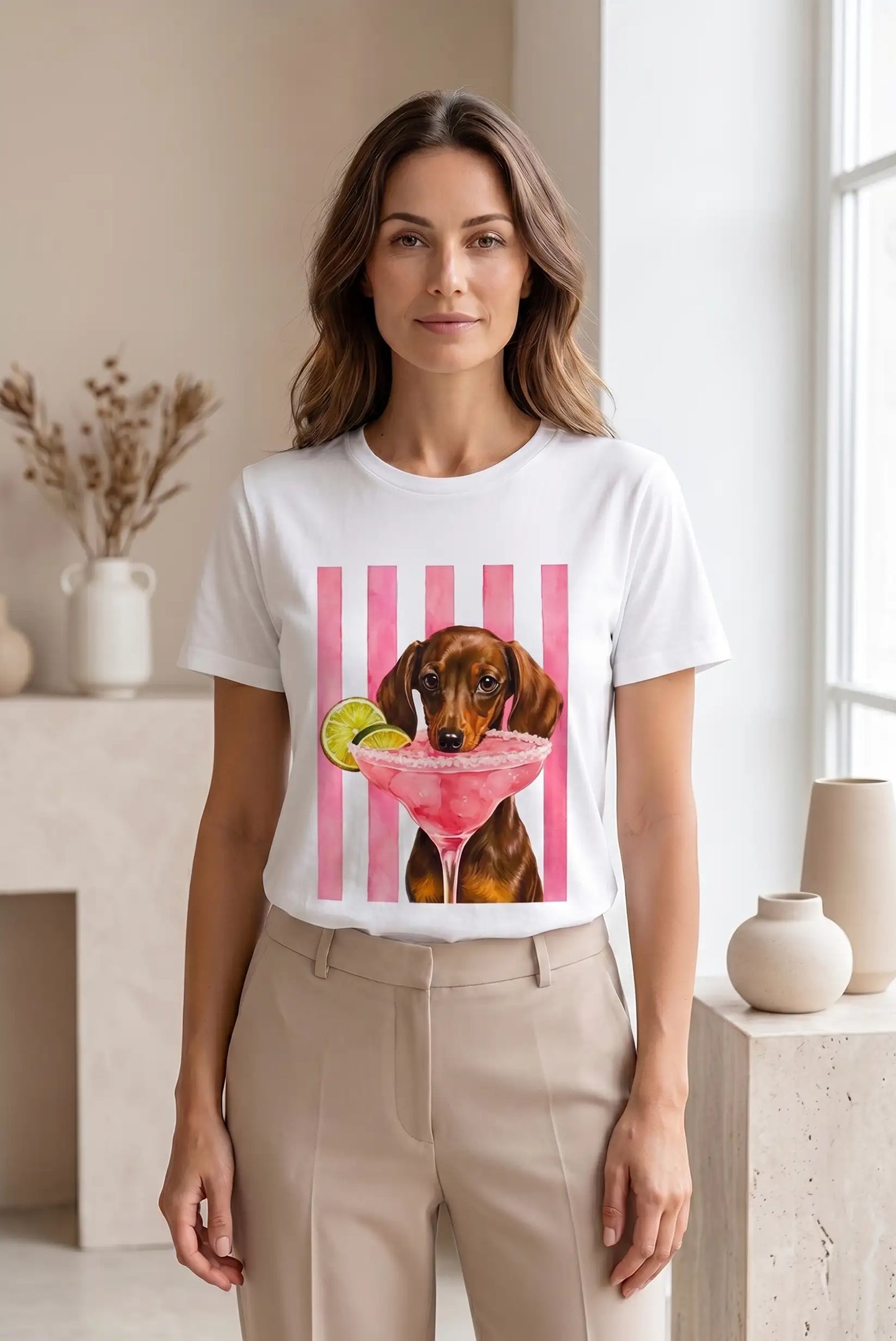 Camiseta Blanca Mujer Estampado Teckel con Cóctel Rosa