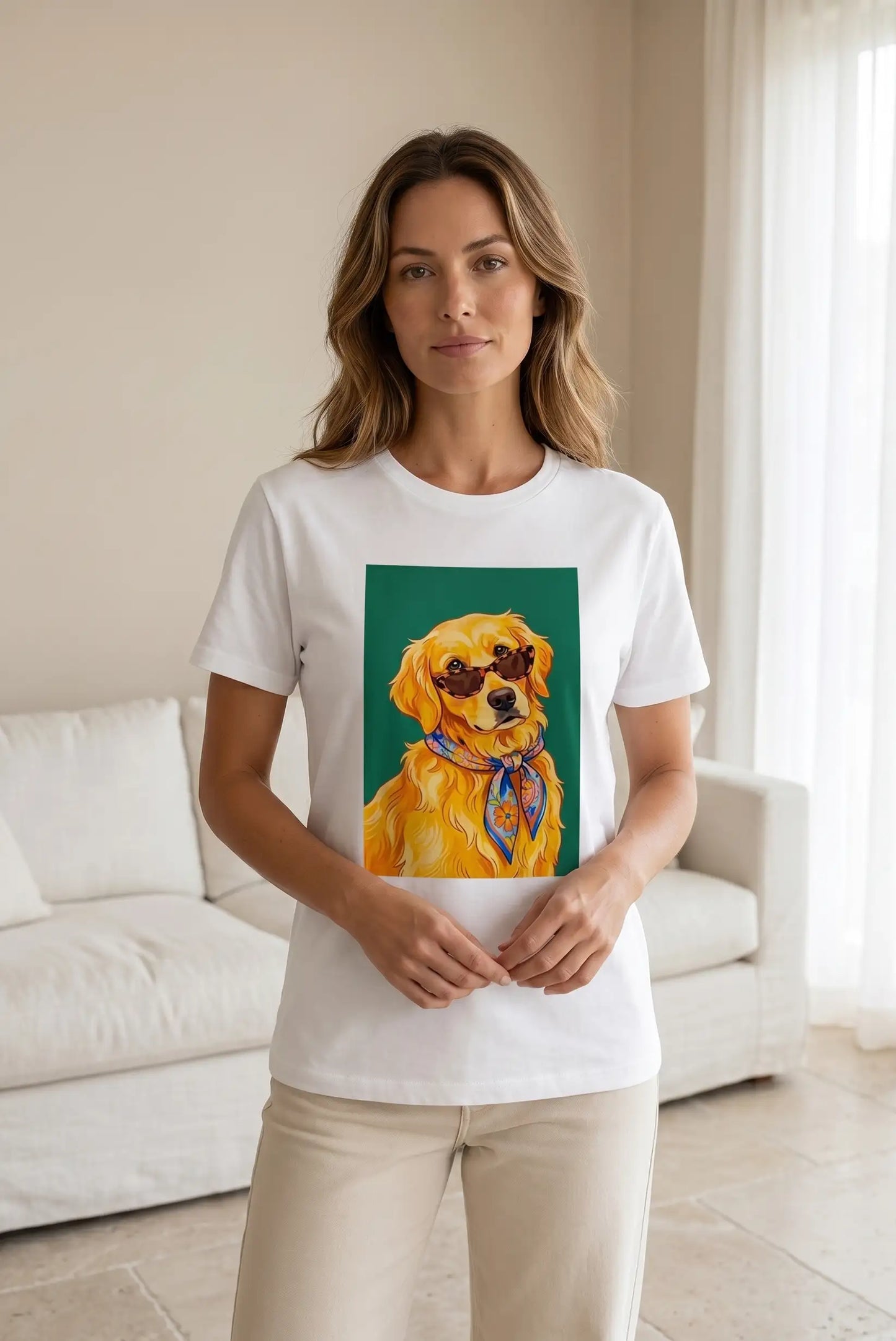 Camiseta Blanca Mujer Estampado Perro Golden Retriever con Gafas