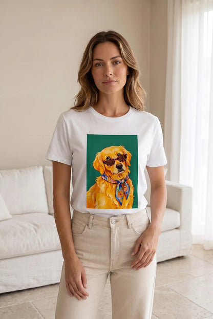 Camiseta Blanca Mujer Estampado Perro Golden Retriever con Gafas