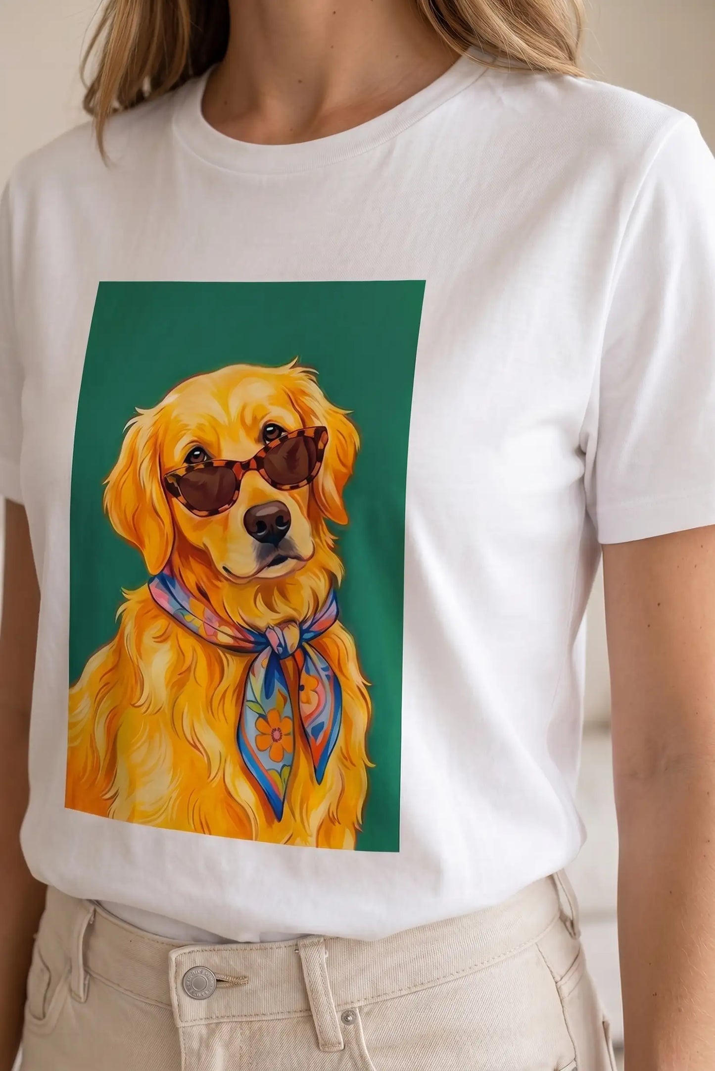 Camiseta Blanca Mujer Estampado Perro Golden Retriever con Gafas
