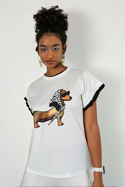 Camiseta manga corta con bordados Negro Perro salchicha fashion - CHICA del Sur