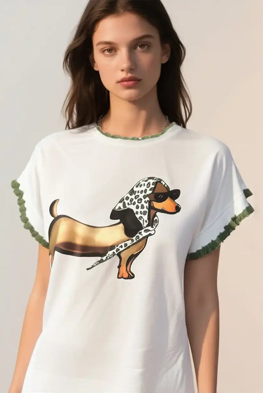 Camiseta manga corta con bordados Verde Perro salchicha fashion - CHICA del Sur