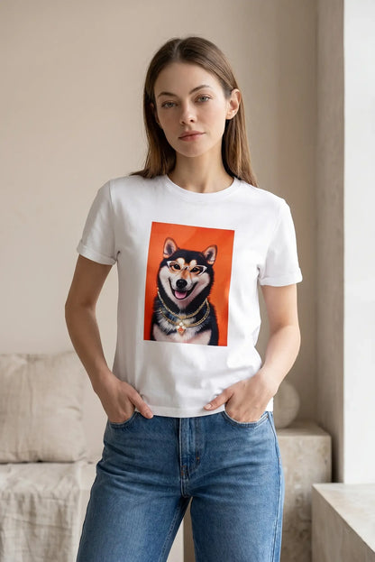 Camiseta blanca de mujer con ilustración de perro Shiba Inu y cadenas doradas, estilo casual