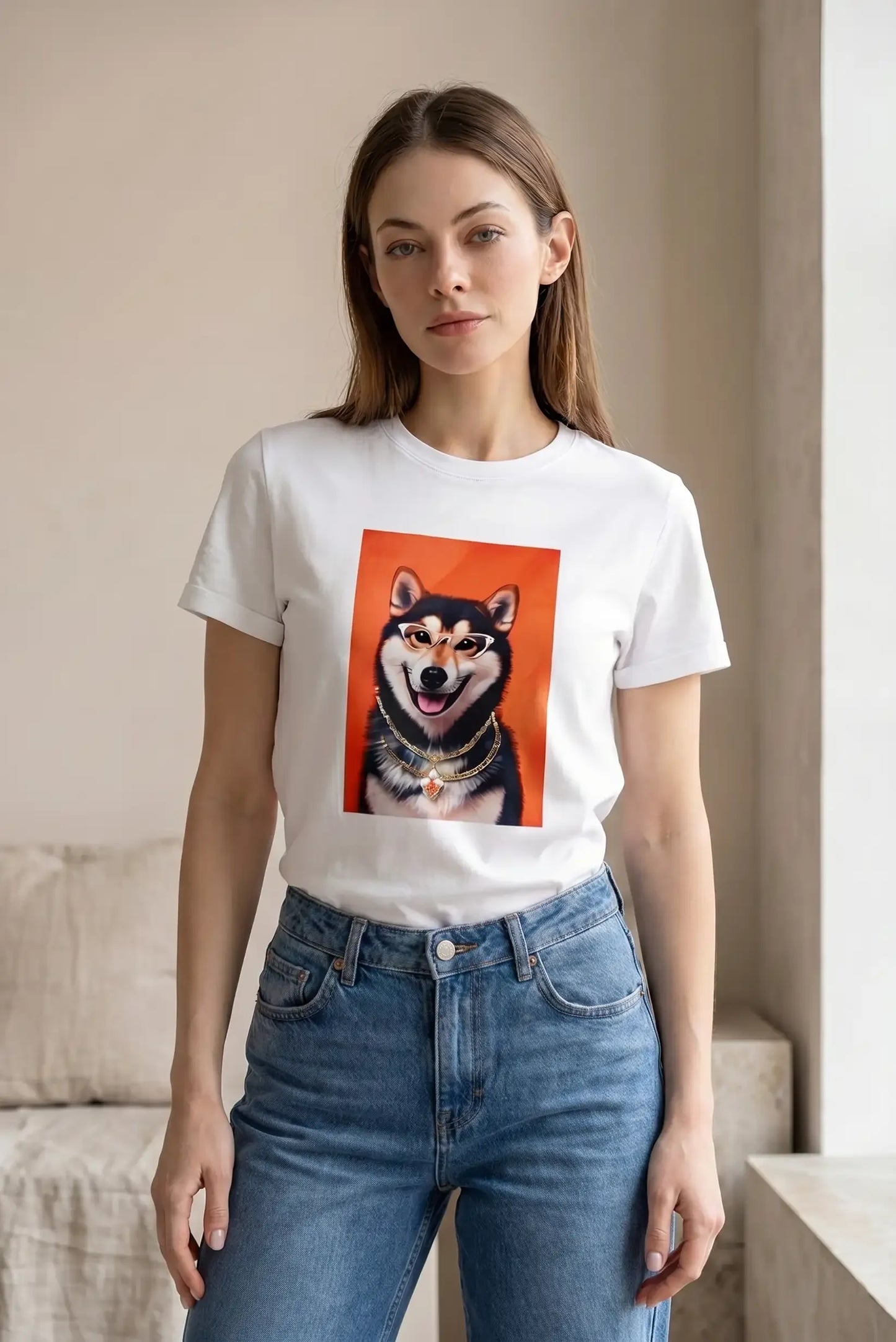 Mujer con camiseta blanca de manga corta con estampado de perro Shiba Inu, look casual