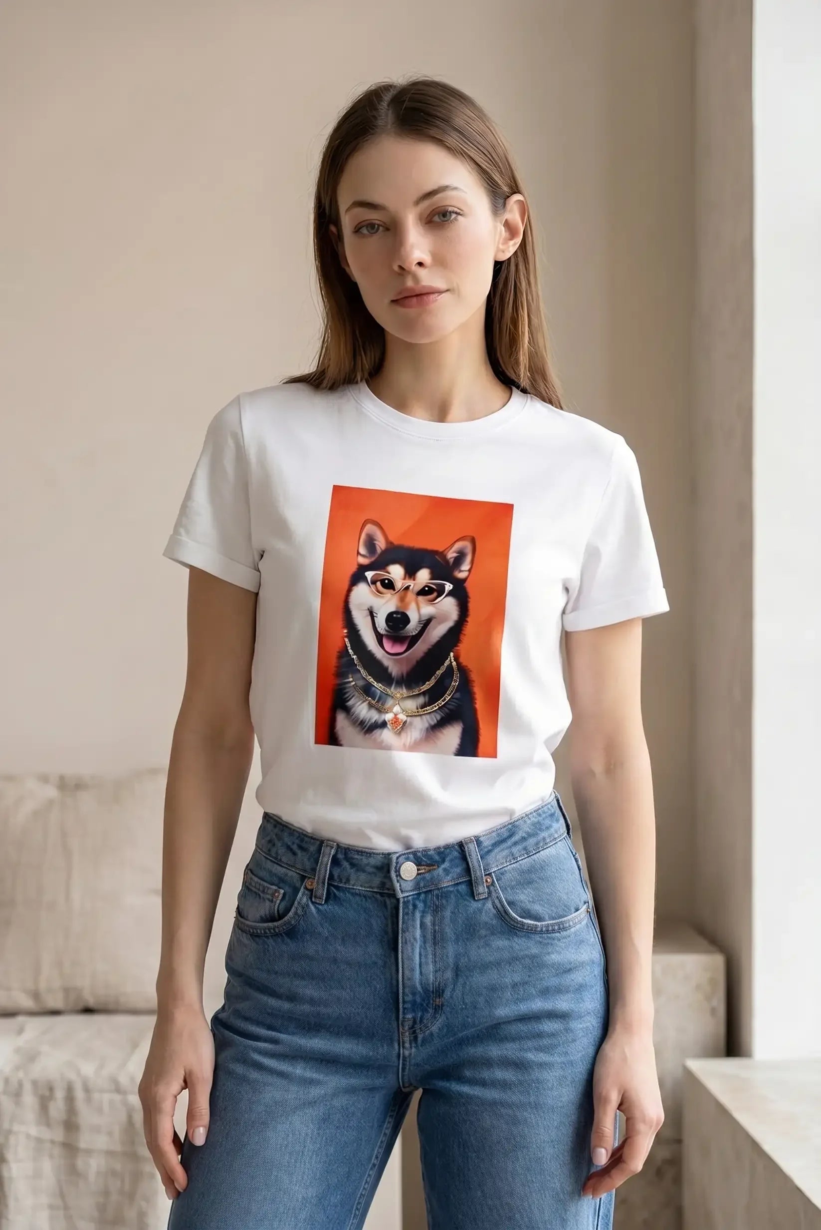 Mujer con camiseta blanca de manga corta con estampado de perro Shiba Inu, look casual