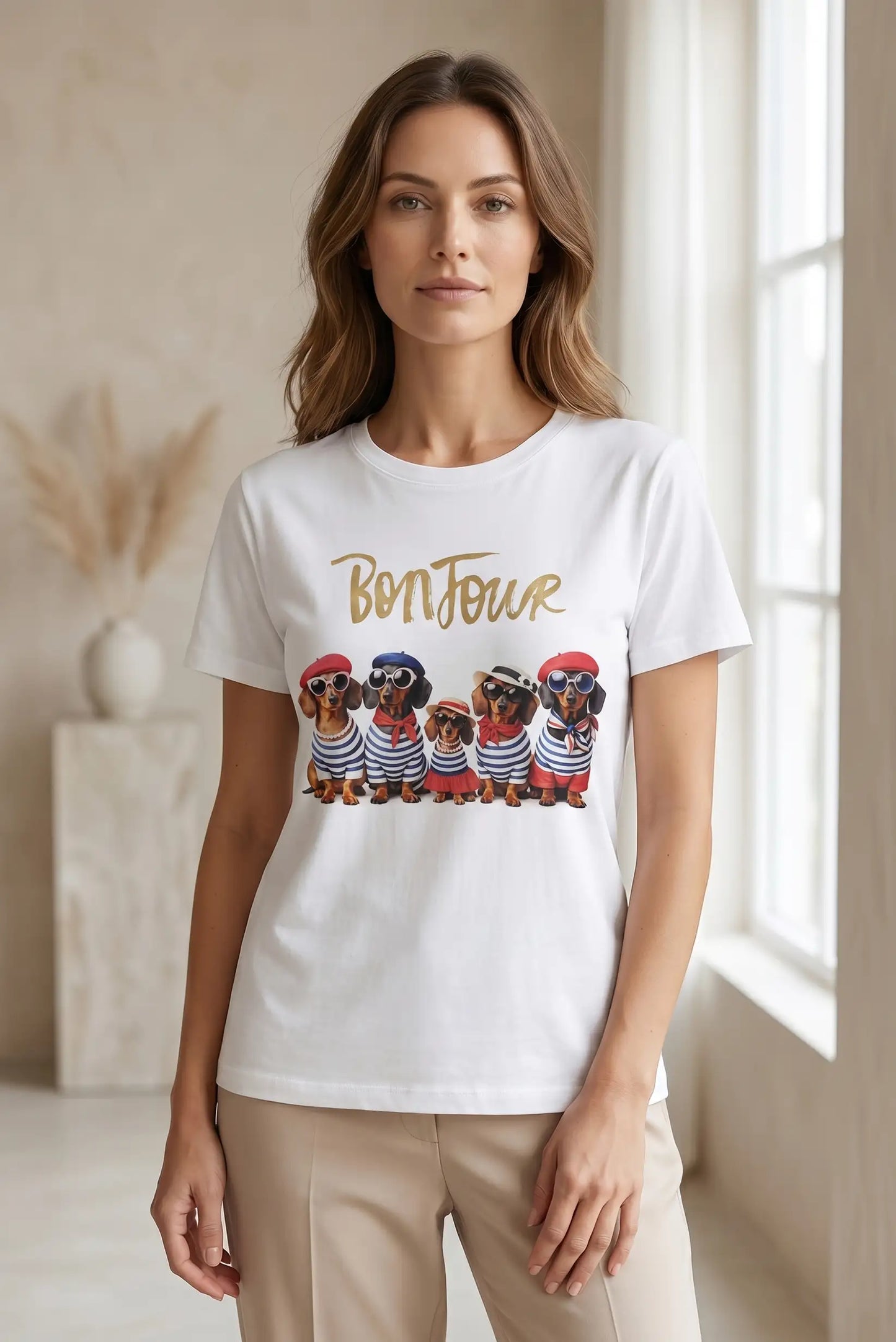 Camiseta Blanca Mujer Estampado Perros Bonjour