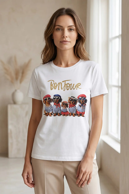 Camiseta Blanca Mujer Estampado Perros Bonjour