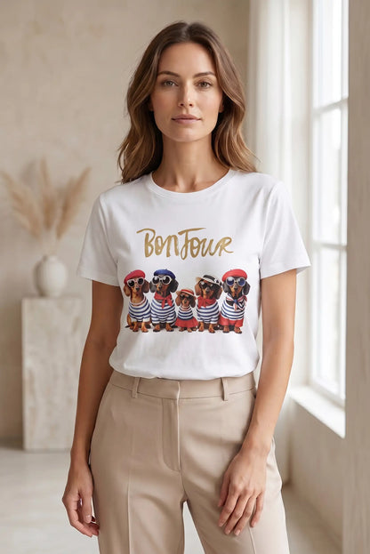 Camiseta Blanca Mujer Estampado Perros Bonjour