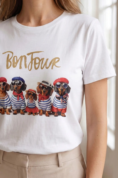 Camiseta Blanca Mujer Estampado Perros Bonjour