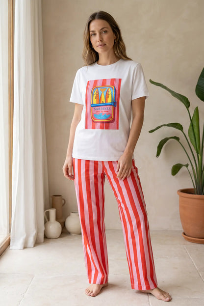 Camiseta Blanca Mujer Estampado Sardinas Rosa Estilo Mediterráneo