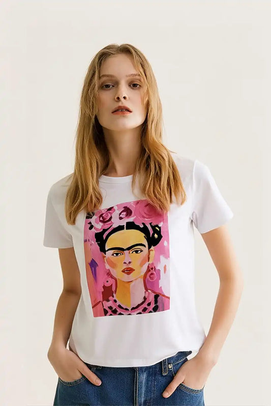 Camiseta manga corta blanca Frida Kahlo rosa - CHICA del Sur