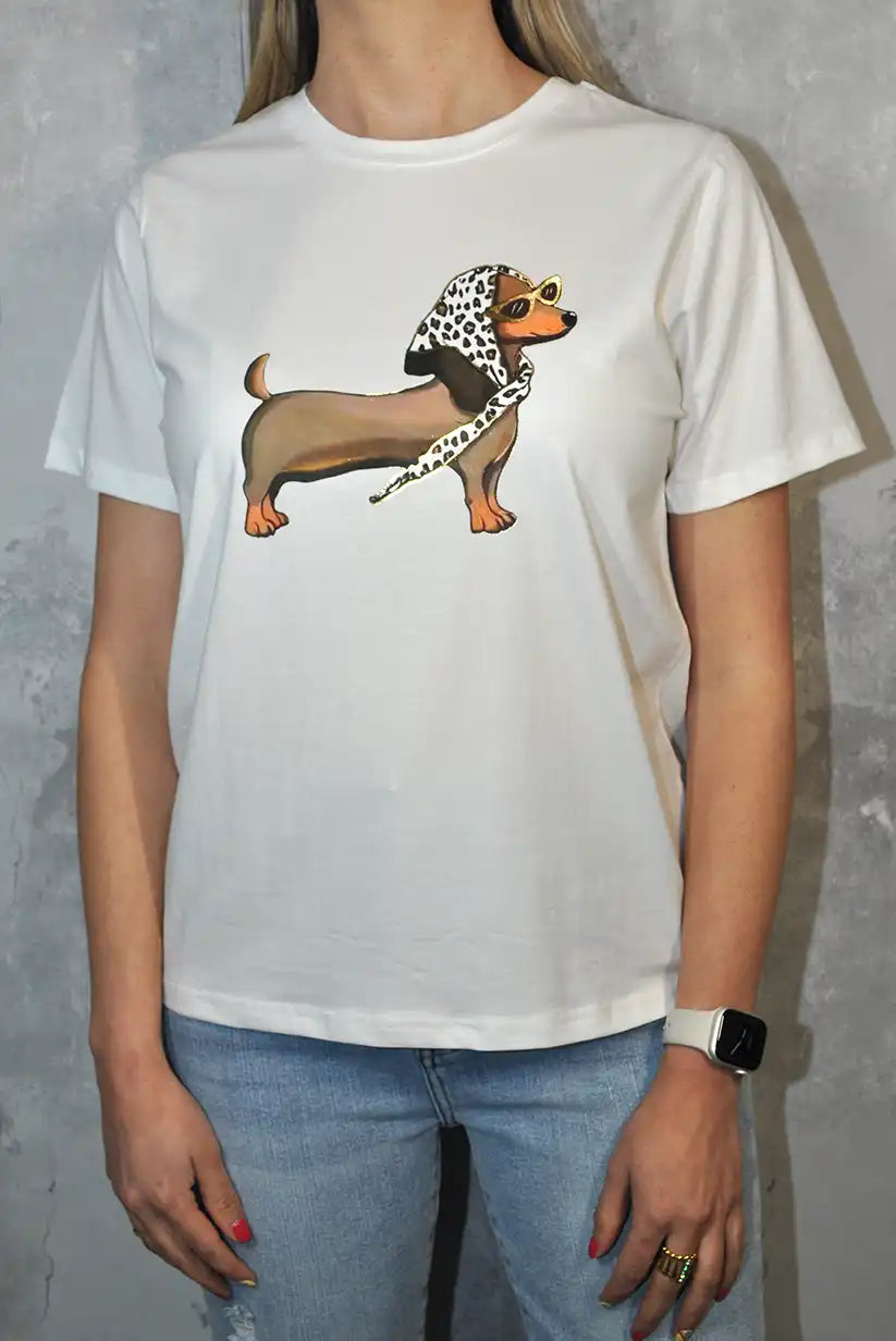 Camiseta Mujer Perro Salchicha con Gafas | Estilo Trendy - CHICA del Sur