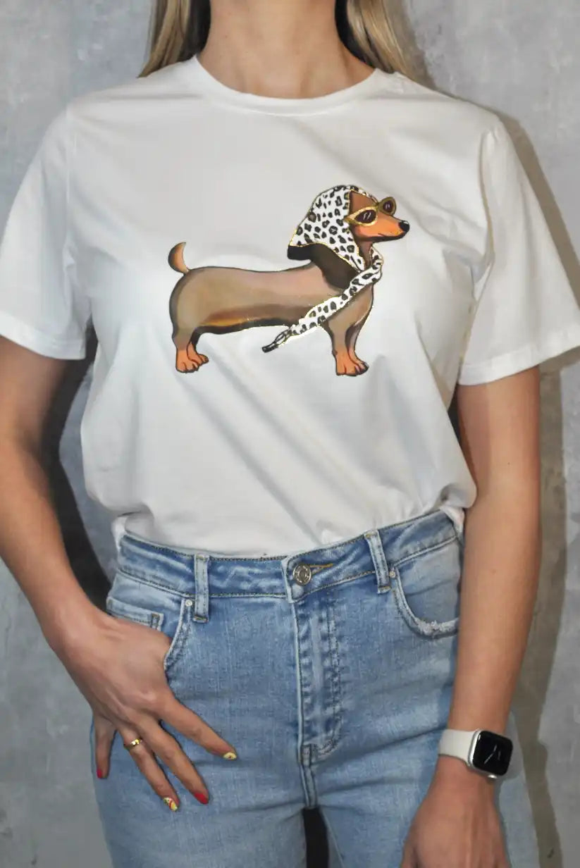 Camiseta Mujer Perro Salchicha con Gafas | Estilo Trendy - CHICA del Sur