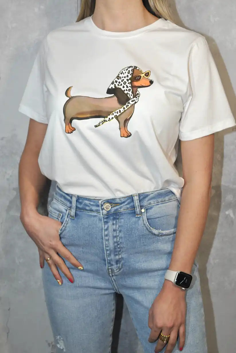 Camiseta Mujer Perro Salchicha con Gafas | Estilo Trendy - CHICA del Sur