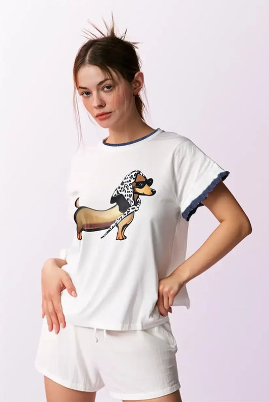 Camiseta Mujer Manga Corta Bordado Perro Salchicha Azul Blanca - CHICA del Sur