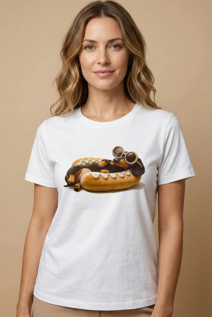 Mujer con camiseta blanca estampada de perro salchicha con gafas estilo hot dog