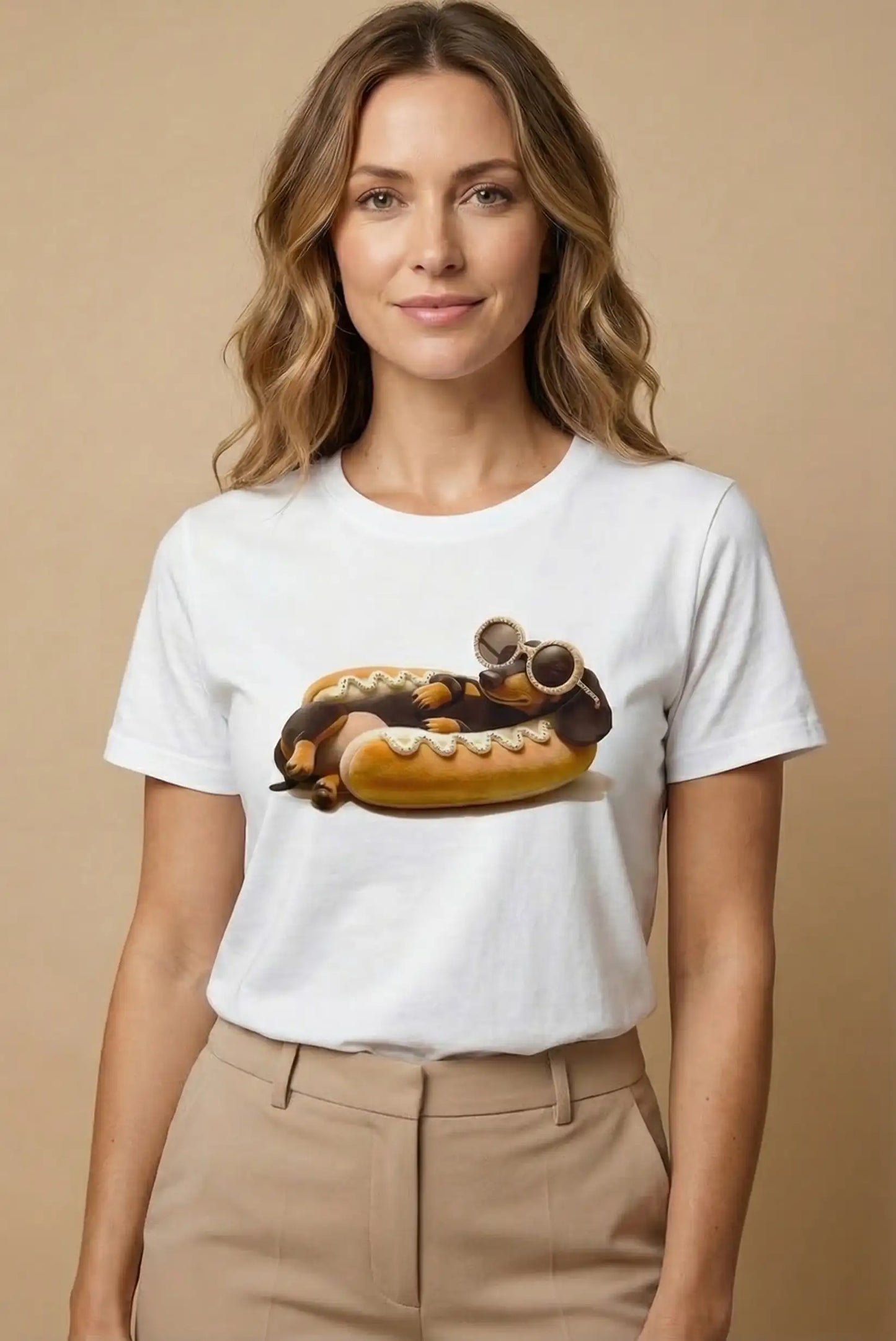 Mujer con camiseta blanca de moda y estampado de perro salchicha divertido