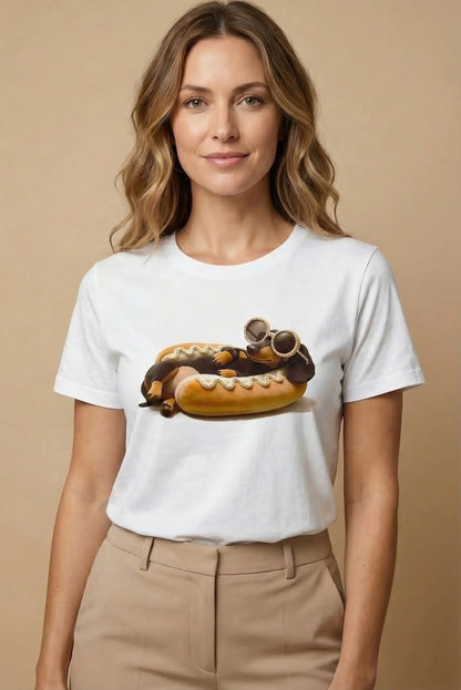 Mujer con camiseta blanca de moda y estampado de perro salchicha divertido
