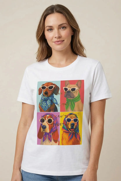 Camiseta blanca de mujer con ilustración de perros coloridos usando gafas y pañuelos, estilo pop art.