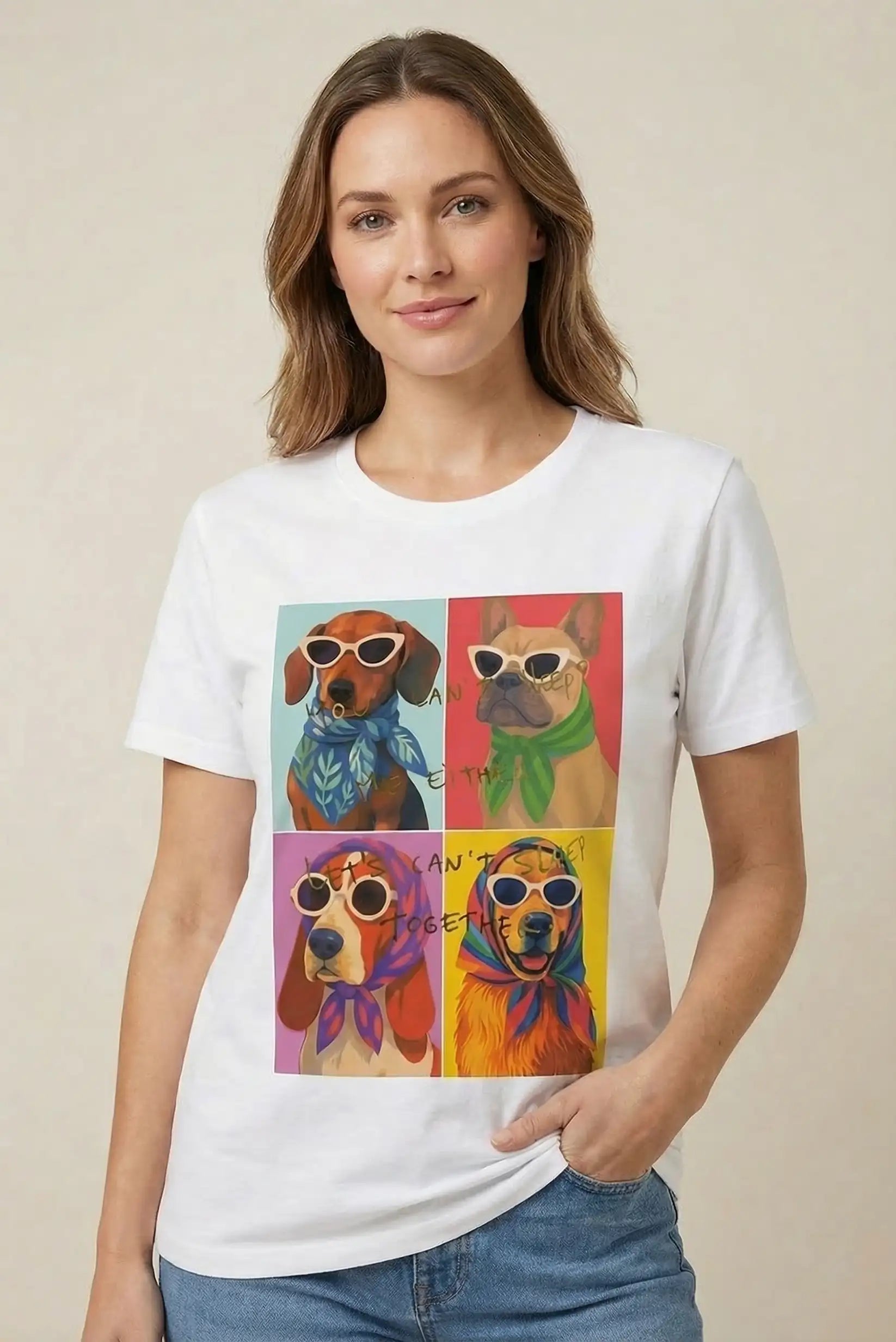 Mujer con camiseta blanca de primavera, estampado de perros coloridos con gafas de sol.