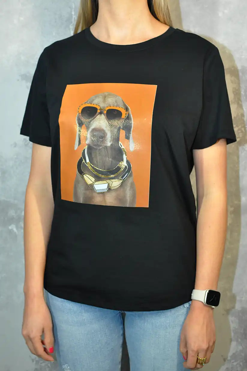 Camiseta Negra Mujer | Perro con Gafas de Sol en Marrón - CHICA del Sur