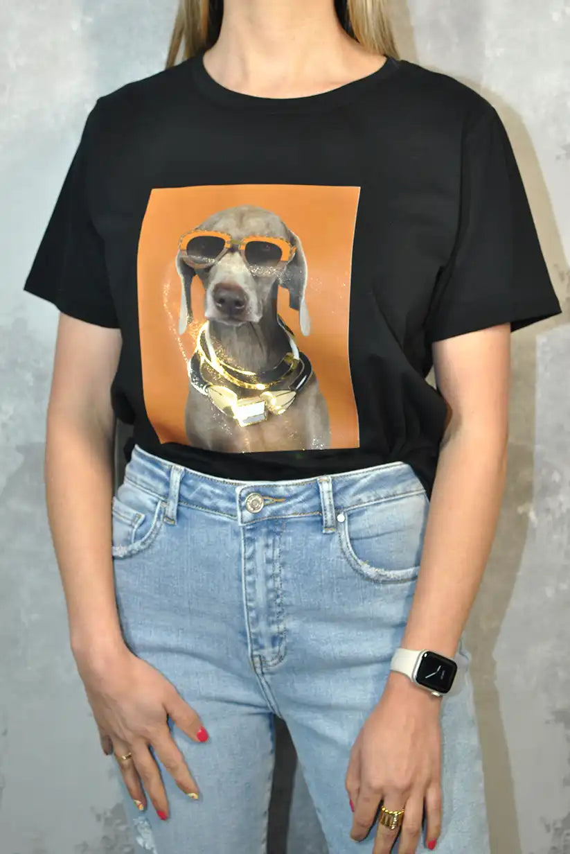 Camiseta Negra Mujer | Perro con Gafas de Sol en Marrón - CHICA del Sur