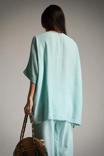 Camiseta Oversize Mujer Turquesa con Puntilla Boho Chic Verano - CHICA del Sur
