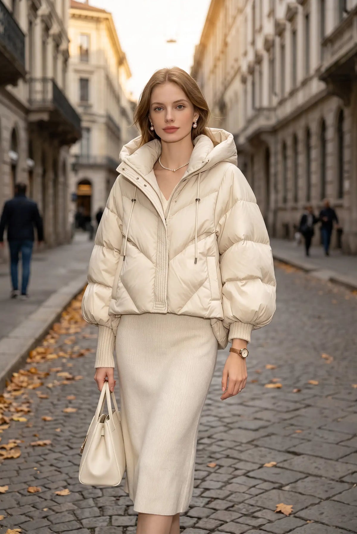 Mujer con chaqueta acolchada beige y falda midi blanca en calle empedrada