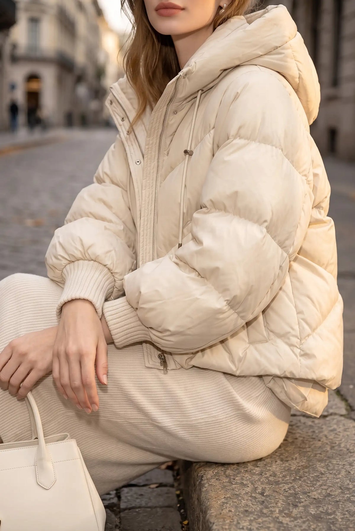 Mujer joven vistiendo una chaqueta acolchada beige con capucha y pantalón a juego.