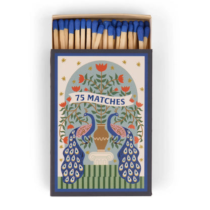 Caja de cerillas decorativa con diseño de pavos reales y cabezas azules, CHICA del Sur.