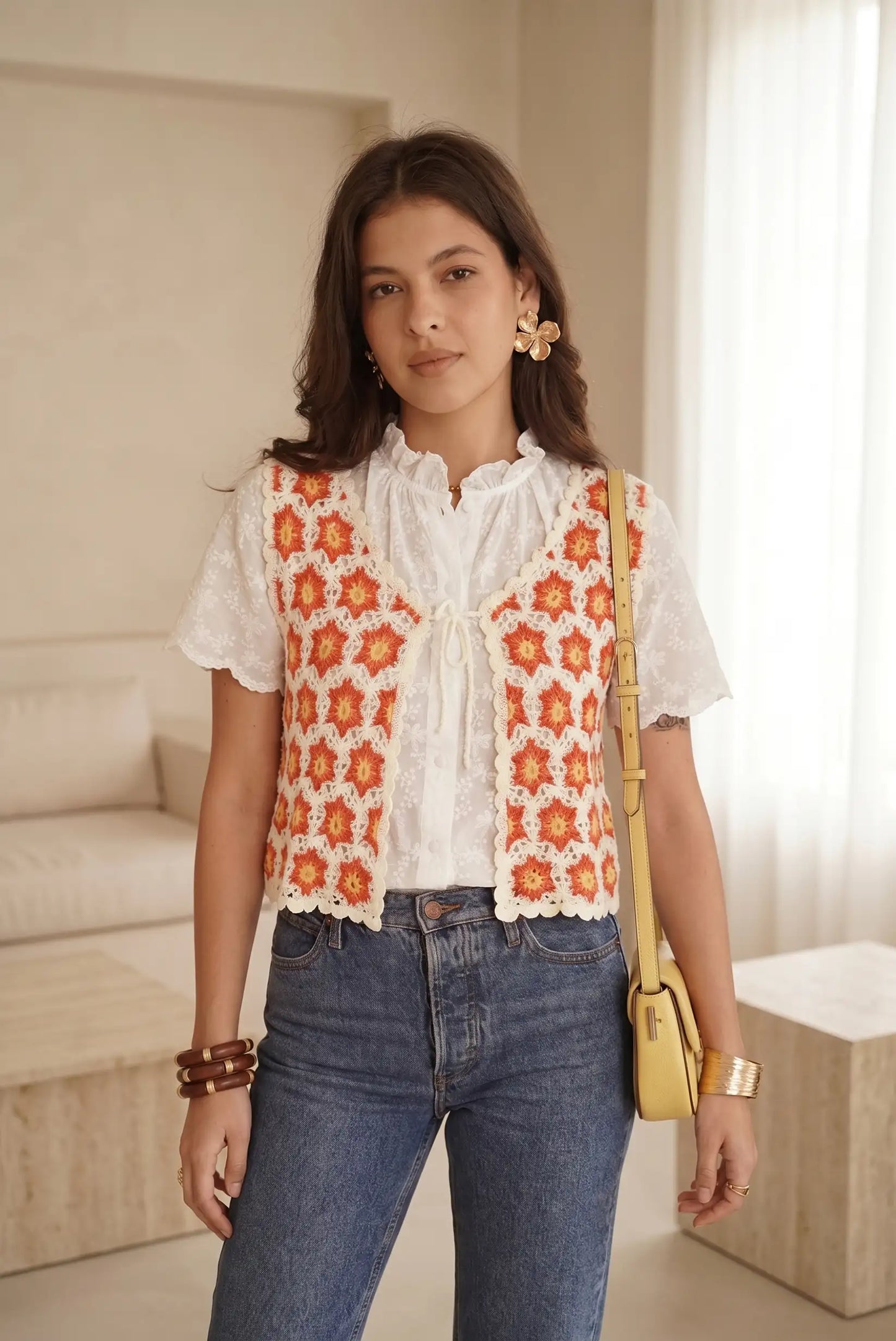 Chaleco de Crochet Mujer con Flores Naranja y Crudo 100% Algodón