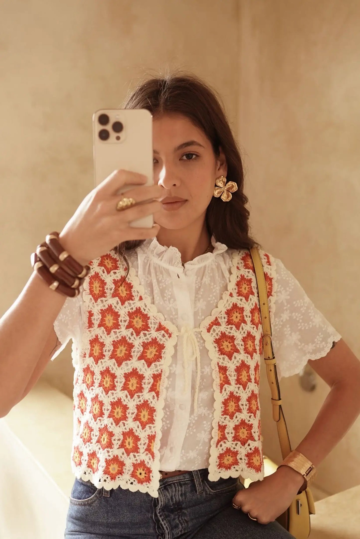 Chaleco de Crochet Mujer con Flores Naranja y Crudo 100% Algodón