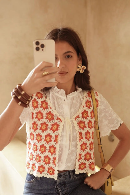 Chaleco de Crochet Mujer con Flores Naranja y Crudo 100% Algodón