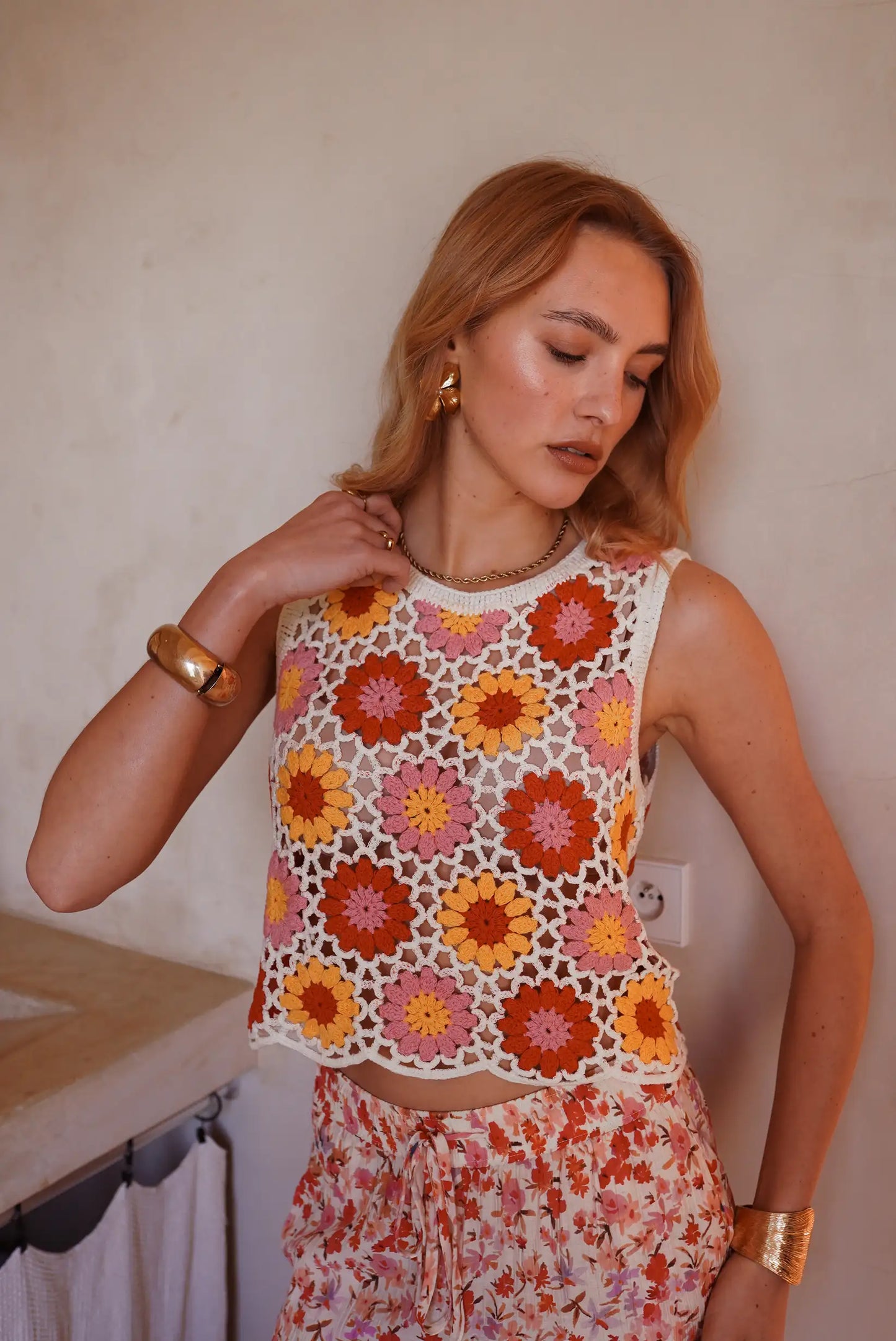 Chaleco Crochet Mujer con Flores Multicolor 95% Algodón