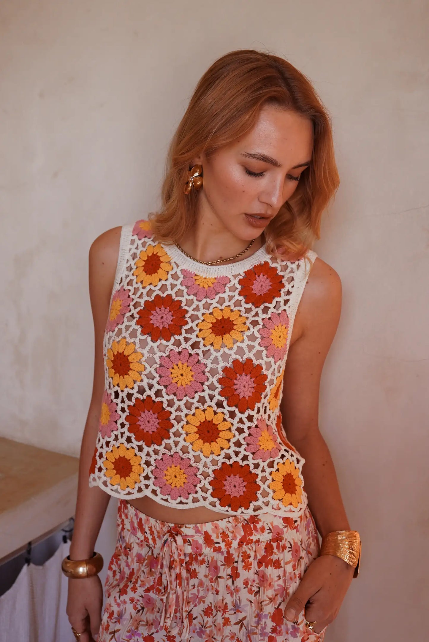 Chaleco Crochet Mujer con Flores Multicolor 95% Algodón