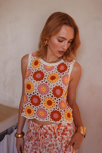 Chaleco Crochet Mujer con Flores Multicolor 95% Algodón