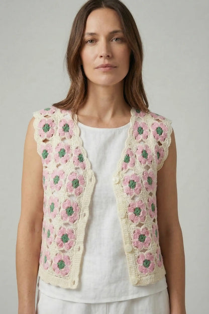 Chaleco de crochet para mujer en color crema con flores rosas, moda primavera casual.