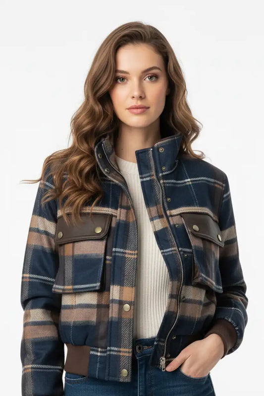 Chaqueta Bomber Aviador Mujer Cuadros Azul Marrón Estilo Vintage