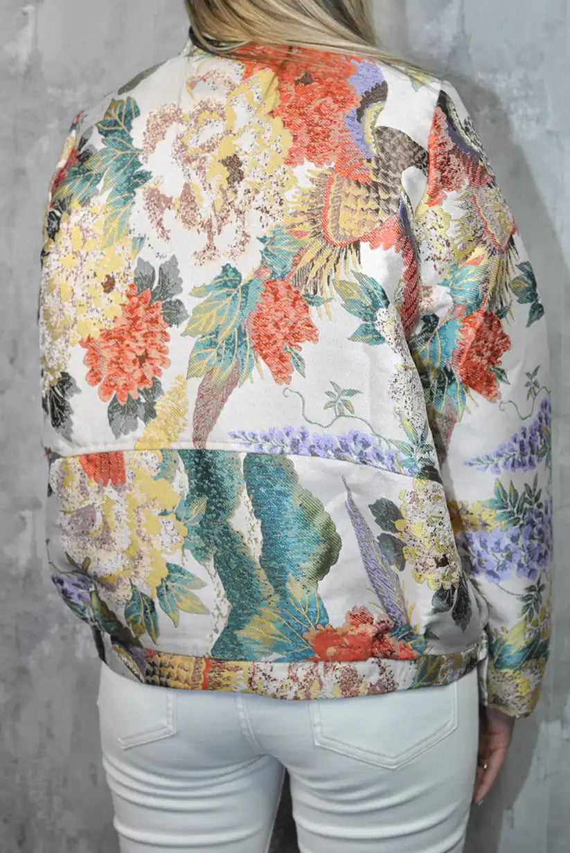 Chaqueta bomber jacquard metalizada con estampado floral - CHICA del Sur