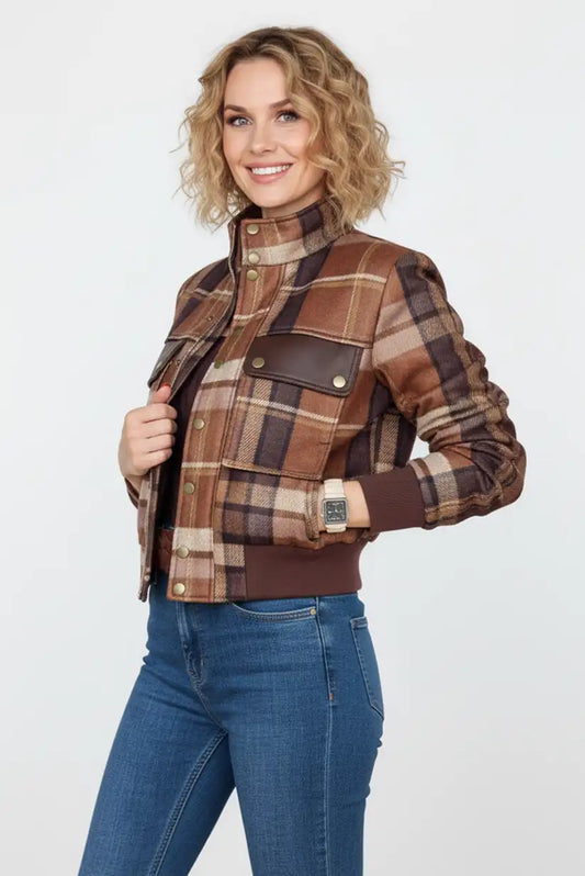 Chaqueta Bomber Aviador Mujer Cuadros Marrones Estilo Retro Cálido