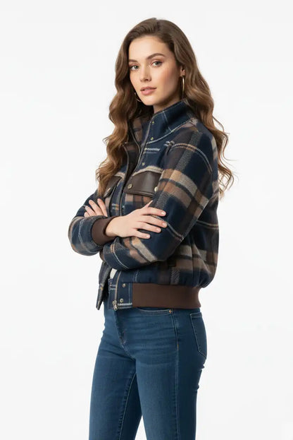 Chaqueta Bomber Aviador Mujer Cuadros Azul Marrón Estilo Vintage - CHICA del Sur