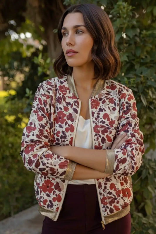 Chaqueta Bomber Floral Mujer Tonos Tierra Elegante y Cómoda