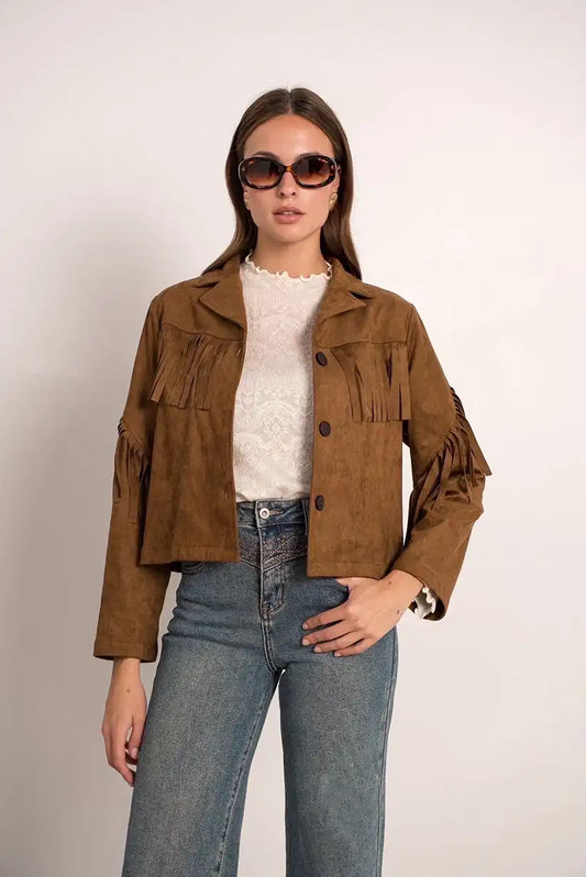 Chaqueta camel de mujer con flecos efecto ante - CHICA del Sur